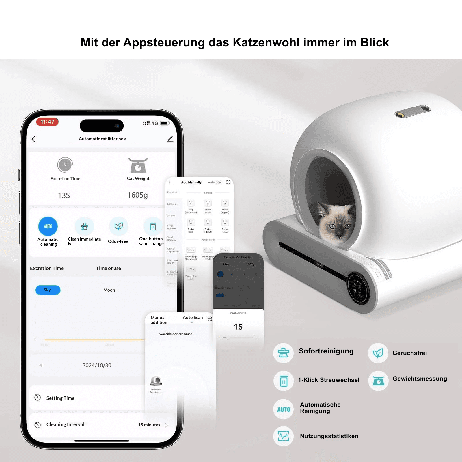 App-Steuerung des deinKatzenklo Pro auf einem Smartphone — direkt vom Sofa