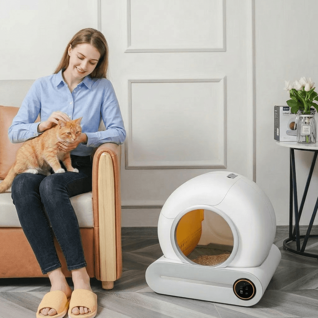 Katze nutzt das deinKatzenklo TiPro im Wohnraum — Lifestyle-Aufnahme